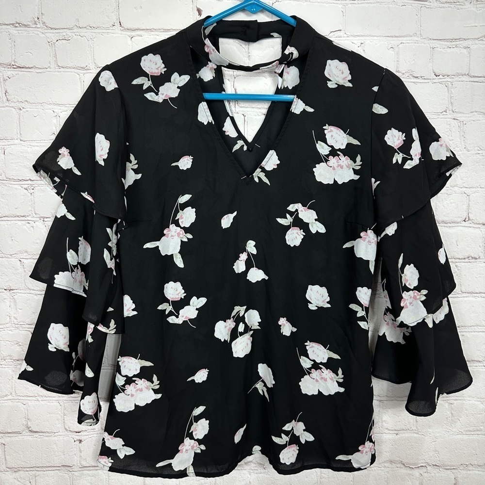 Candies Choker Neck Blouse Top Size M black floral 3/4 Tiered Ruffle Sleeves